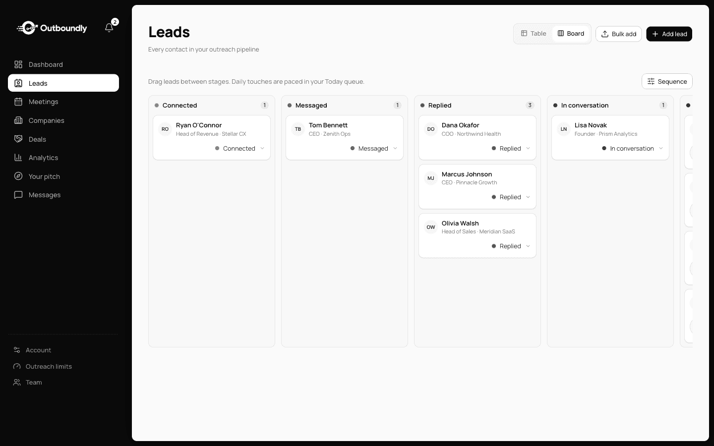 The Outboundly leads board with contacts arranged by pipeline stage