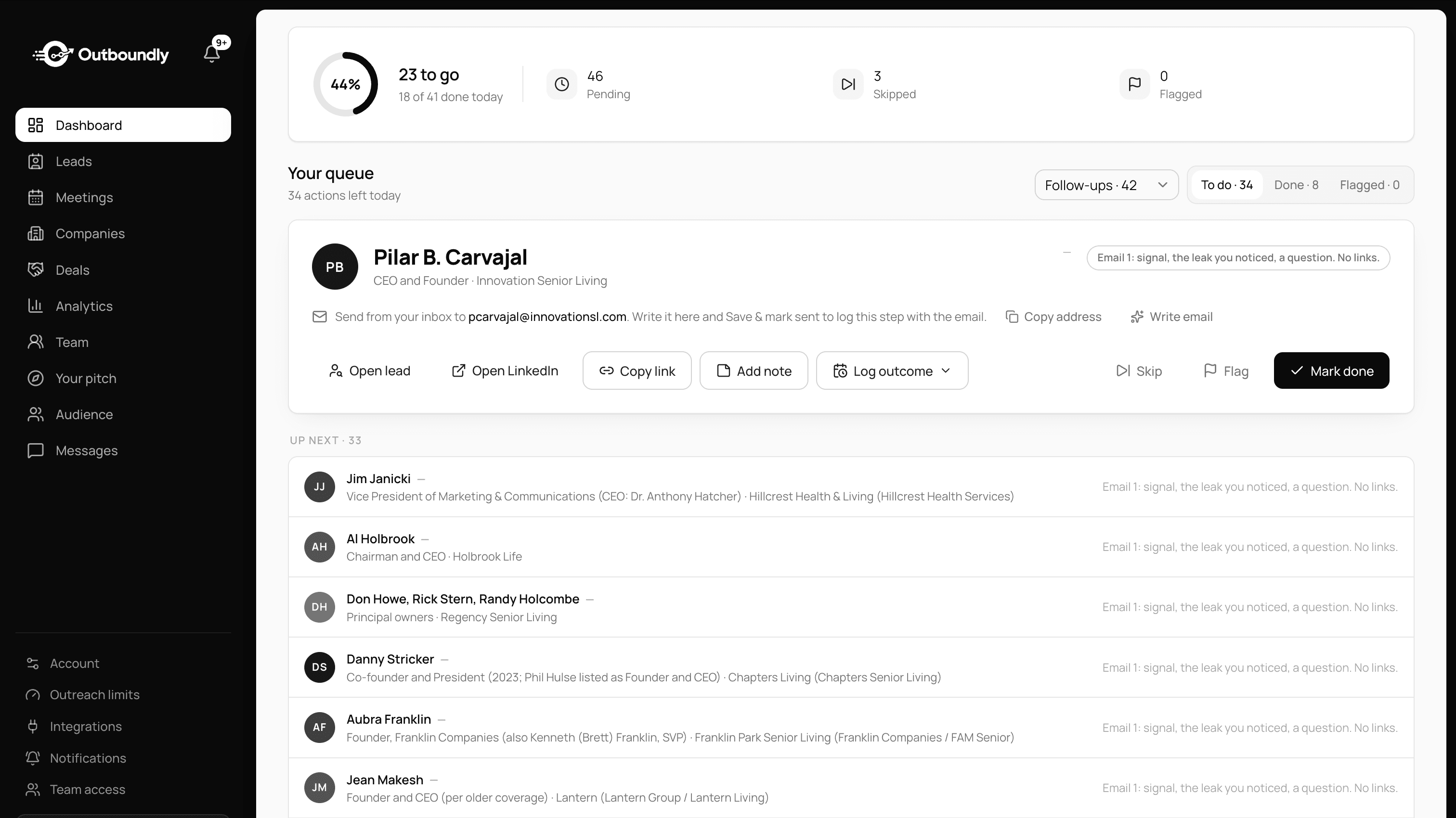 The Outboundly Today view: the day's queue with the first contact's drafted message ready to send
