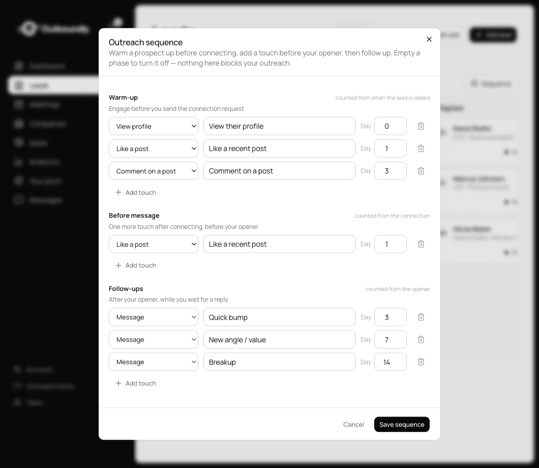 The Outboundly sequence editor, showing the warm-up, before-message and follow-up phases with each step and the day it is due